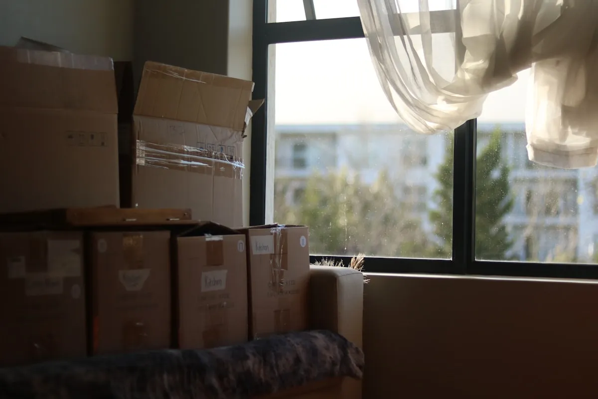 Moving boxes by window representing Balik-OFW returning home to Davao