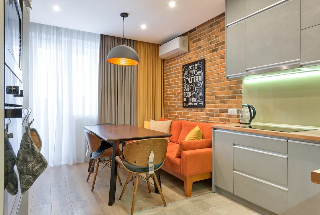 Studio apartment interior with basic furnishings