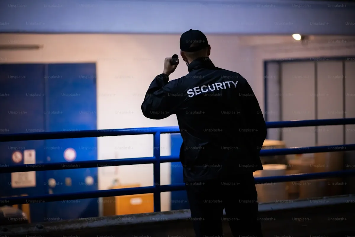 Security guard doing rounds at a residential building at night