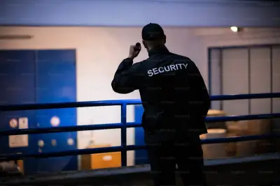 Security guard doing rounds at a residential building at night